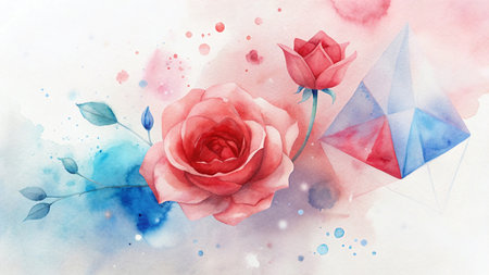 Watercolor illustration combining red roses and colorful geometric shapes. AI Generated.の素材