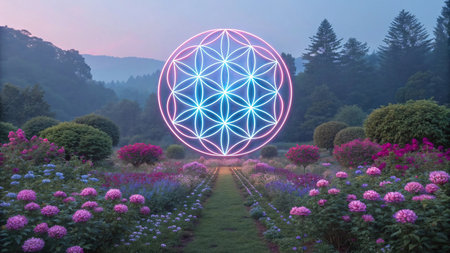 A large glowing pink and blue Flower of Life sacred geometry symbol floats amidst a garden of flowers and shrubs. AI Generated.の素材