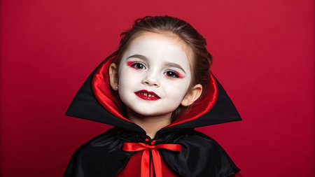 A little smiling girl has white face paint and red lipstick in a black and red Dracula costume on background is bright red. AI Generated.の素材