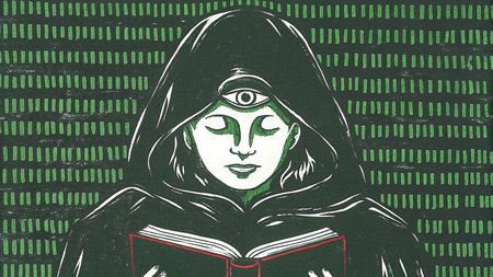 Illustration of a mysterious young woman with a third eye, wearing a hooded cloak and holding a book of prophecies in her hand. AI Generated.の素材