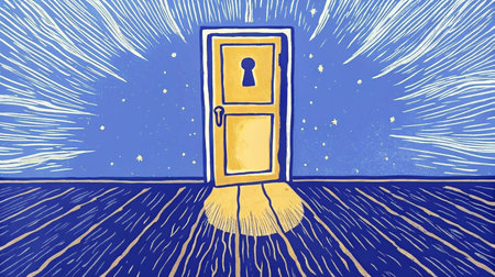Illustration of a mysterious door waiting to be opened to reveal the truth inside the room. AI Generated.の素材