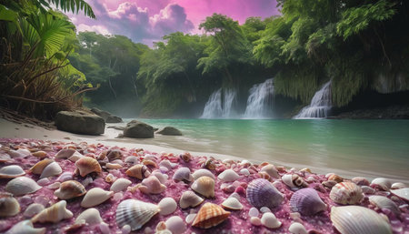 Numerous shells line the pristine beach with bright green water. AI Generated.の素材