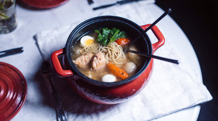 A photo of a red shabu-shabu pot with boiling soup, instant noodles, sliced chicken, fish tofu, and various vegetables inside. It placed on a simple white dining table, AI Generated.の素材