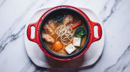A photo of a red shabu-shabu pot with boiling soup, instant noodles, sliced chicken, fish tofu, and various vegetables inside. It placed on a simple white dining table, AI Generated.の素材