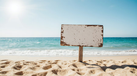 Blank Rustic Wooden Sign on Sandy Beach with Ocean Backdrop. Ai Generated.の素材