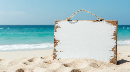 Blank Rustic White Wooden Sign on Sandy Beach with Turquoise Ocean and Blue Sky. AI Generated.の素材