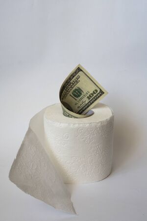 toilet paper and dollars on a white backgroundの写真素材