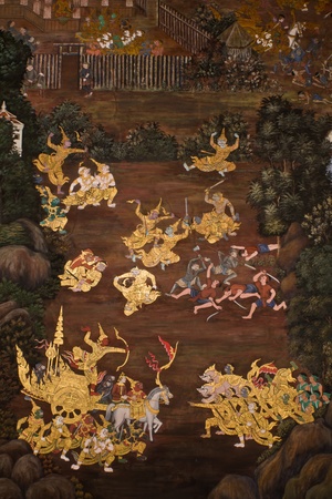 Thai mural in Prakeaw temple, Bangkok, Thailand. It is a part of Ramayana story. This mural is public domain, And Prakeaw temple is opened and allow for visiting touristsのeditorial素材
