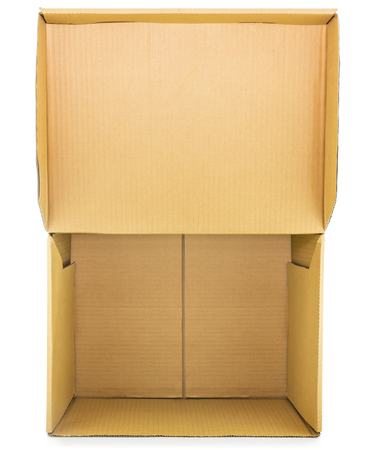top view, open brown cardboard box isolated on the white background