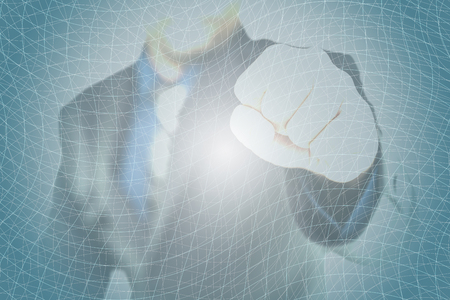 Double exposure of bearded businessman fighting with network complicated and complex business trap, concept of business trappedの写真素材