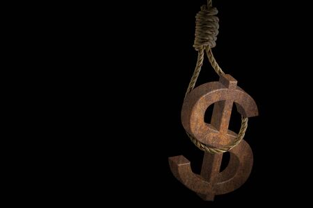 Rusty dollar sign hanging rope noose on black backgroundの写真素材