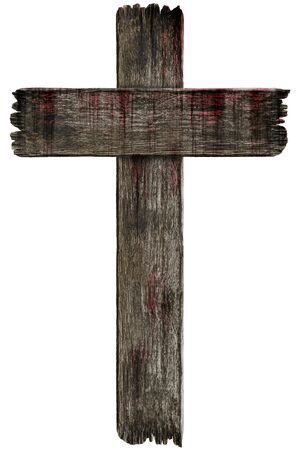 Bloody background scary old grunge wooden cemetery cross isolated on white background, concept of horror and Halloweenの写真素材