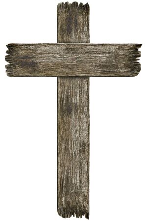 Scary old grunge wooden cemetery cross isolated on white backgroundの写真素材