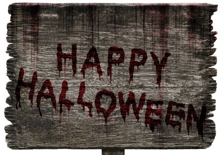 Write a Happy Halloween message on Bloody background scary old grunge wood planks on white background, concept of Halloween and horror crimeの写真素材