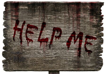 Write a help me message on bloody background scary old grunge wood planks on white background, concept of Halloween and horror crimeの写真素材