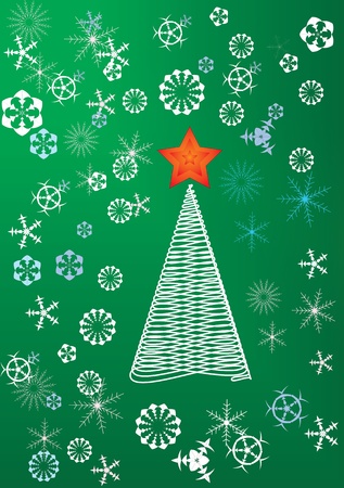 christmas tree with star and snowflakes on green backgroundのイラスト素材