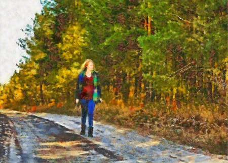 Watercolor oil illustration girl walking along the road through the forest.の写真素材