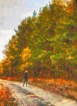 Watercolor oil illustration girl walking along the road through the forest. giant trees.の写真素材