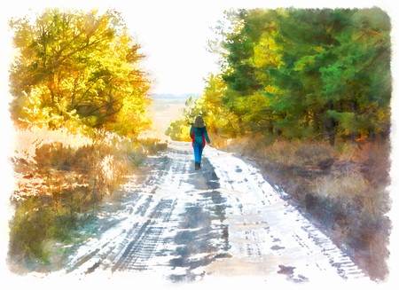 Watercolor oil illustration girl walking along the road through the forest.の写真素材