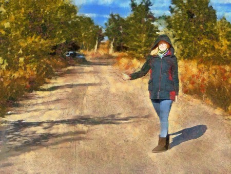 Watercolor oil illustration girl catches the car on the road in the woods.の写真素材