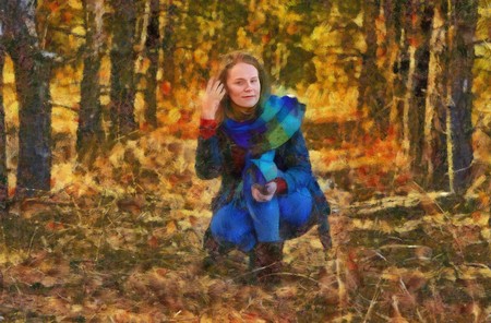 Watercolor oil illustration girl sitting among the trees in the autumn forest.の写真素材