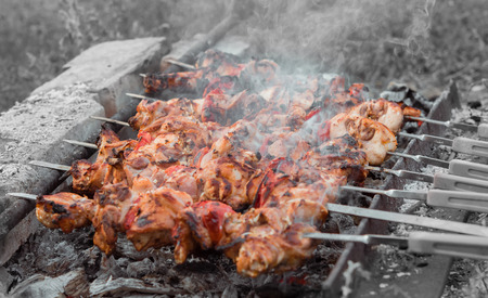 Close up shot of appetizing hot shish kebab with tomatoes on metal skewers prepares on the coals outdoors. Grilling shashlik on barbecue grill.の写真素材
