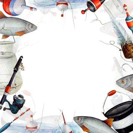 Fishing equipment banner, float, bobber, fishing rod, fish.の写真素材