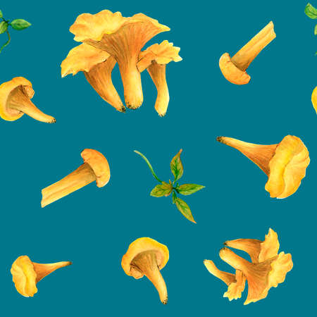 Watercolor seamless pattern blue orange mushrooms on a white backgroundの写真素材