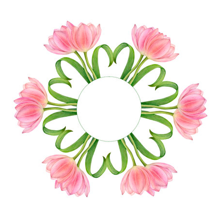 Watercolour square rapport with beautiful round of pink tulips stems, flowers and leaf hearts. Round space for your photo or inscription.の写真素材
