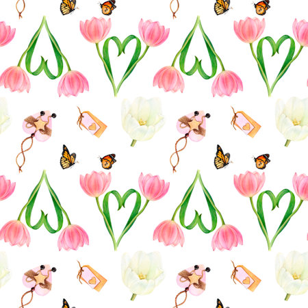 Watercolour drawn square pattern with beautiful pink tulip bouquets, detached flowers, butterflies, name cards, heartsの写真素材