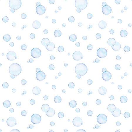 Watercolor drawn rapport of different size air bubbles on white background. Transparent realistic picture for illustration, stickers, logo, textile printingの写真素材