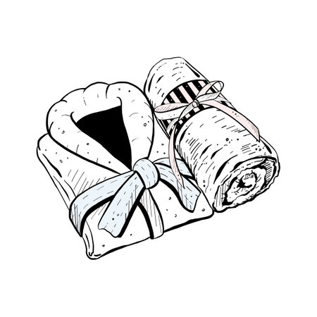Vector illustration of set with twisted towel and folded bathrobe on white background. Black outline of new fresh wrappers, graphic drawing. For postcards, design and composition decorationのイラスト素材