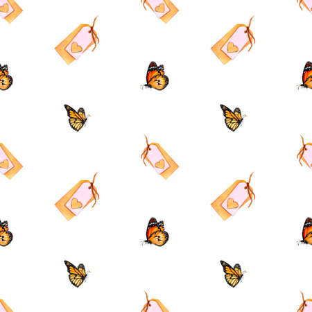 Watercolor drawing pattern of flying butterflies and name tags with hearts on white background. Nice picture for illustration, stickers, cards, scrapbookingの写真素材