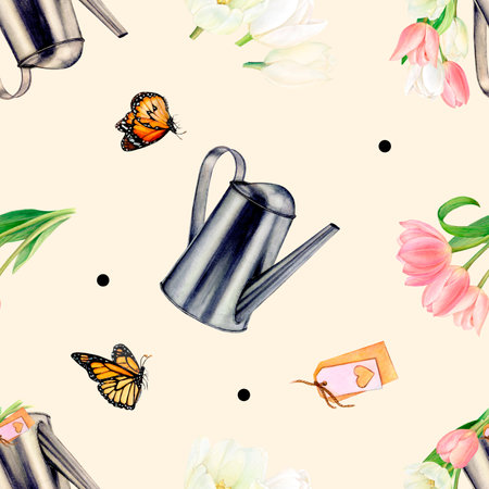 Watercolor drawing rapport of flying butterflies, name tags with hearts, watering cans and pink and white tulips on beige background. Nice picture for illustration, stickers, cards, scrapbookingの写真素材