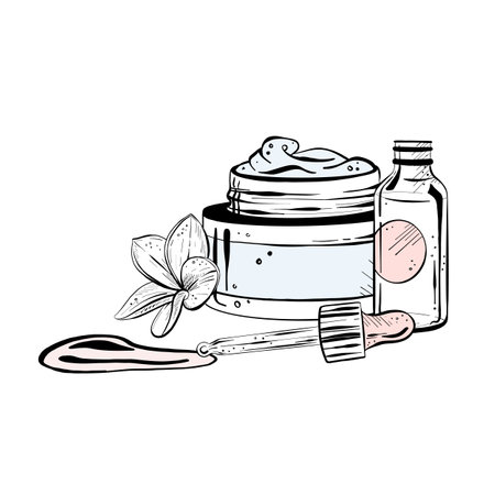Vector illustration of set of containers. Black outline of a jar of face cream, a bottle with dropper and a magnolia flower, graphic drawing. For postcards, design and composition decoration, prints, posters, stickers, souvenirs, tattoos, stampsのイラスト素材