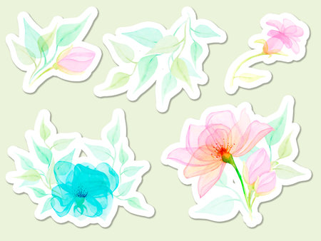 Watercolor drawing set of stickers of half-transparent clear blue and purple flowers and blossoms with stems and leaves. Nice picture for illustration, stickers, cards, scrapbookingの写真素材