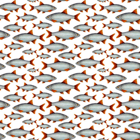 Watercolor drawing pattern from fish with red fins in different sizes on white background. Hand drawn for wallpapers, logo, banners, icon, cards, leaflets, textiles, postcards, wrapping paper, stickers, wallpapersの写真素材