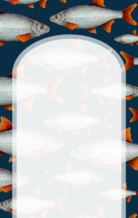 Watercolor drawing frame from fish with red fins on black background, light translucent arc in the middle. Hand drawn for photoframes, logo, icon, cards, leaflets, textiles, postcards, wrapping paper, stickersの写真素材