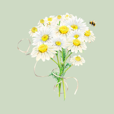 Set of camomile bouquet, bee and white paper ribbon hand-drawn. Watercolor floral illustration of delicate flowers isolated on light-green background. Meadow wildflower scillfully painted for textile printing, logo, postcards, designs and invitationsの写真素材