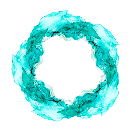 Watercolor drawing round frame from blue transparent water waves on white background. Realistically painted underwater illustration for stickers, logo, posterの写真素材