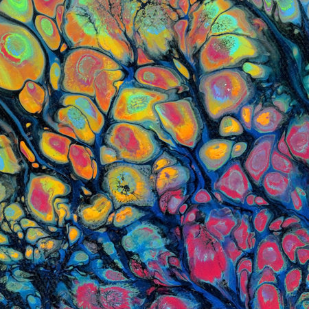 Watercolour drawing abstract square. Black background, orange, yellow, red, green, blue in wonderful flowing movementの写真素材