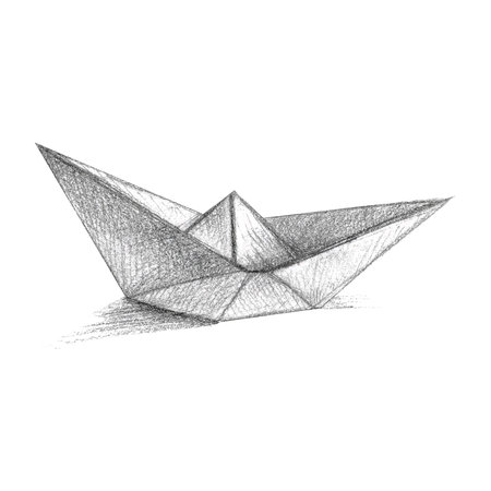 Watercolor illustration sketch of paper boat hand-drawn isolated on white background. Picture of small white ship for icon or , designs and greetingsの写真素材