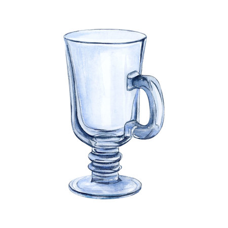 Glass cup watercolor drawing. Glassware transparent on leg. Drinkware aquarelle isolated white background. Goblet clear utensil tableware. Glassful tumbler vial. Tea drink coffeeの写真素材