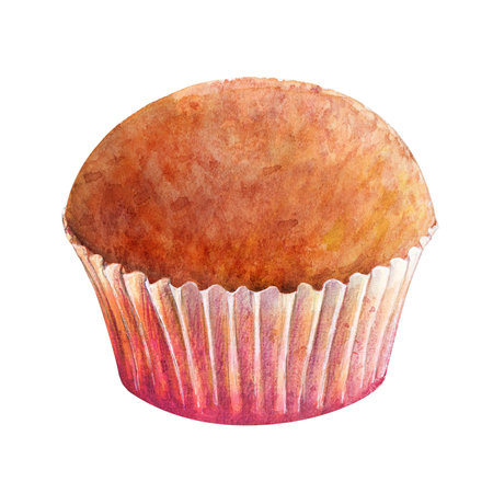 Cupcake muffin watercolor drawing. Cake bakery tasty dessert in paper illustration. Birthday celebration pastry aquarelle picture isolated on white backgroundの写真素材