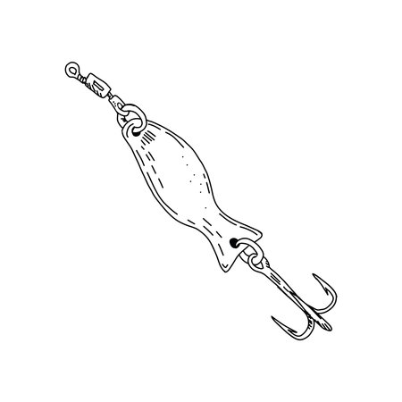 Fishing hook minnow vector illustration tackle. Metal fly gudgeon spinner lure feeding. Bait line drawing. Ink silhouette. Spoon angler tool black outlineのイラスト素材
