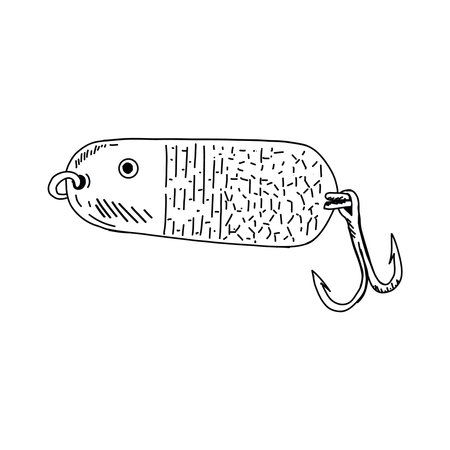 Fishing hook minnow vector illustration tackle. Metal fly gudgeon spinner lure feeding. Bait line drawing. Ink silhouette. Spoon angler tool black outlineのイラスト素材