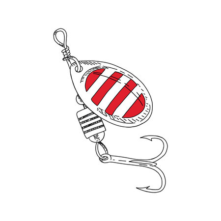 Fishing hook wobbler vector illustration tackle. Metal fly gudgeon spinner lure feeding. Bait minnow line drawing. Ink silhouette. Spoon angler tool black outlineのイラスト素材