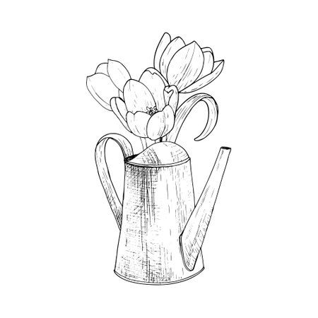 Watering can tulip flower vector illustration metal. Curved gardening decoration water. Black outline graphic drawing. Ink line contour silhouette outlineのイラスト素材