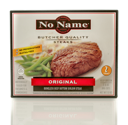 Winneconne, WI - 30 March 2016: Box of No Name butcher quality steaks in original flavorのeditorial素材