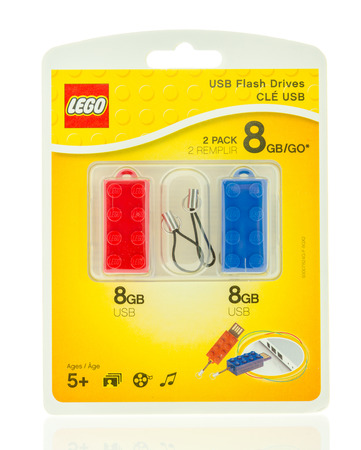 Winneconne, WI - 11 Dec 2015: Package of LEGO USB flash drives on an isolated background